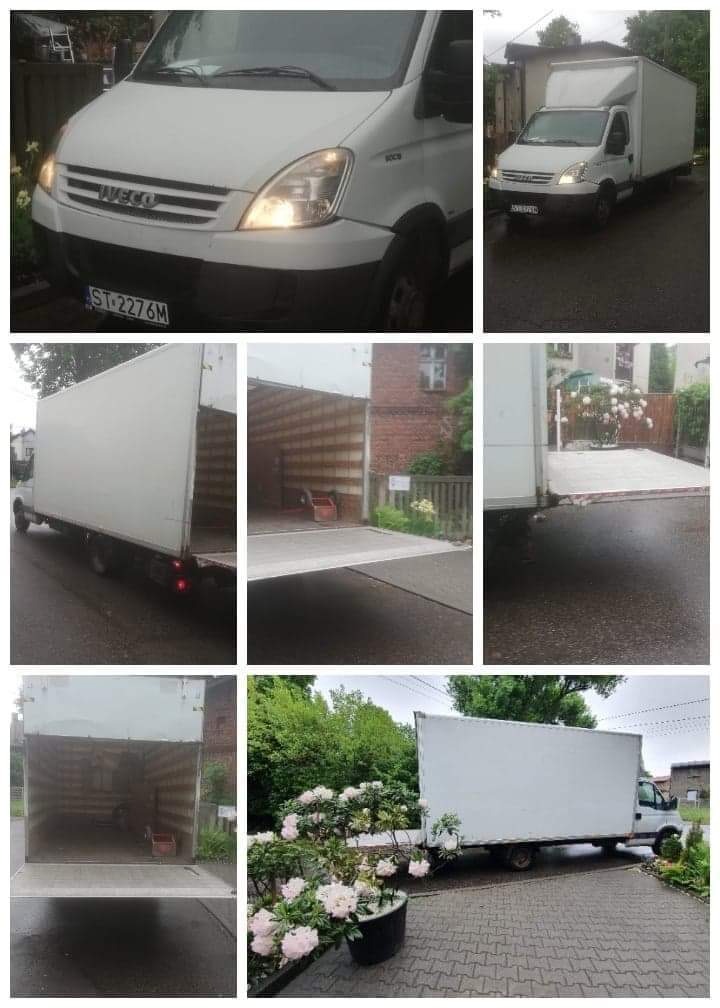 Biały samochód dostawczy Iveco z otwartą przestrzenią ładunkową na ulicy w Katowicach, widoczny również podnośnik załadunkowy i wnętrze pojazdu.