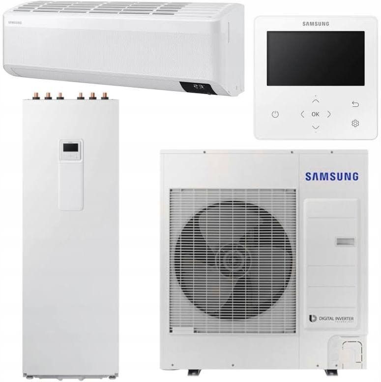 Zestaw białych urządzeń, w tym jednostka wewnętrzna, zewnętrzna, zbiornik i panel sterowania Samsung, prezentowany na białym tle.