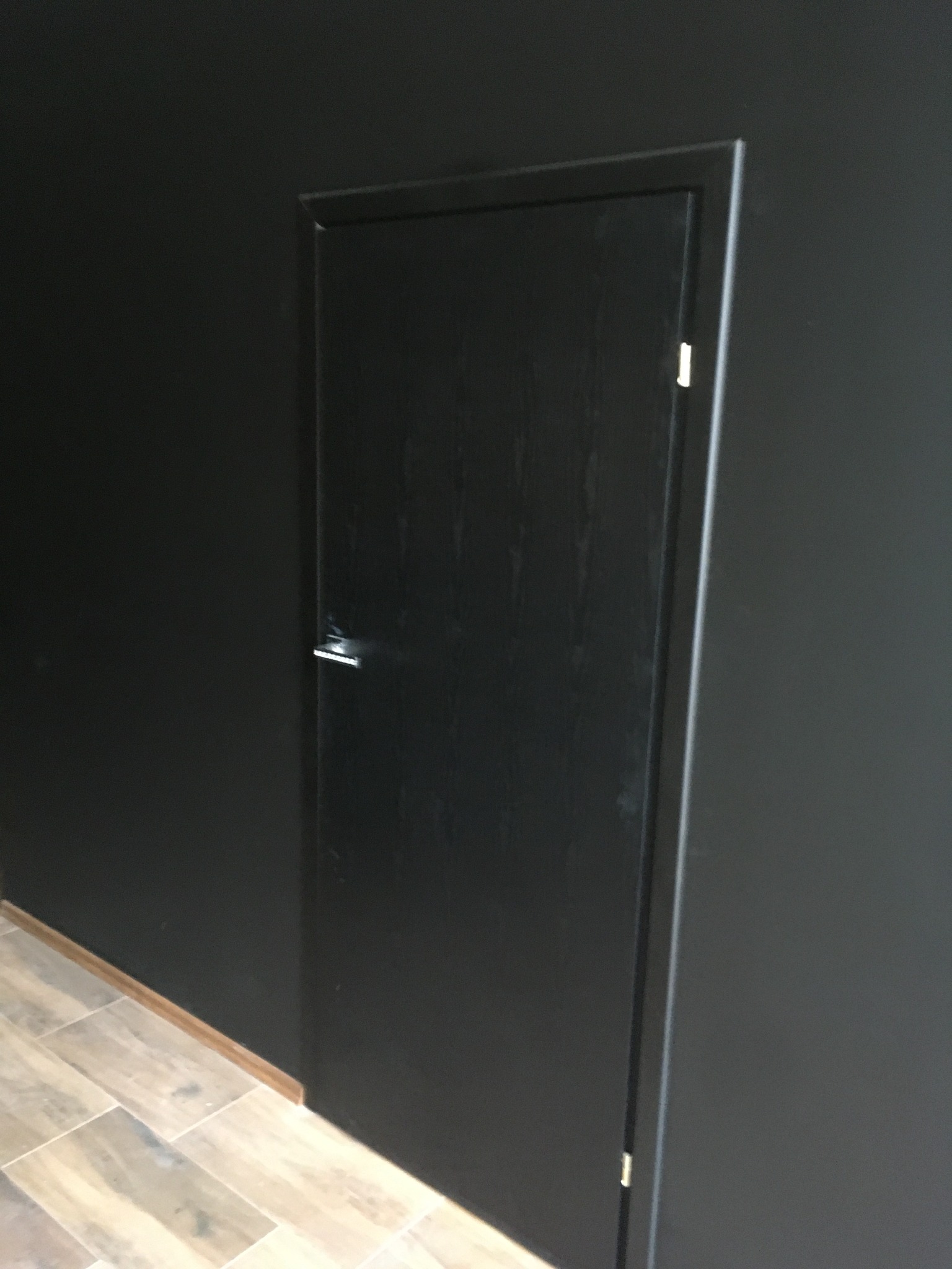 Ciemne drzwi z metalową klamką, zamontowane w czarnej ścianie, widok na fragment podłogi z płytek imitujących drewno.