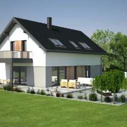 Wizualizacja nowoczesnego domu jednorodzinnego z szarym dachem, balkonem i dużymi oknami, otoczonego zielonym trawnikiem i drzewami, z dwoma małymi psami na trawniku.