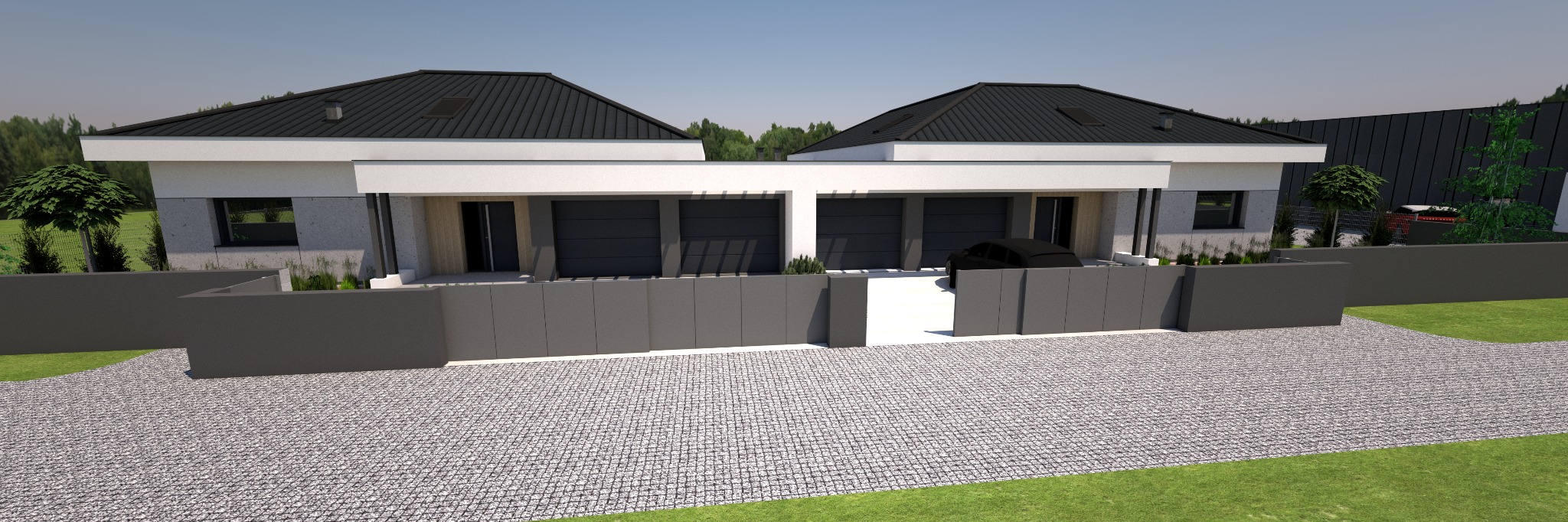 Wizualizacja dwóch nowoczesnych domów jednorodzinnych z płaskimi dachami, połączonych w jedną bryłę, z szarymi garażami i ogrodzeniem panelowym, na podjeździe z kostki brukowej.