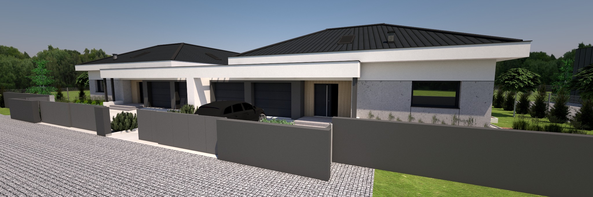 Wizualizacja dwóch nowoczesnych domów jednorodzinnych z płaskimi dachami, szarą elewacją i ciemnymi oknami, otoczonych niskim, grafitowym ogrodzeniem oraz podjazdem z kostki brukowej.