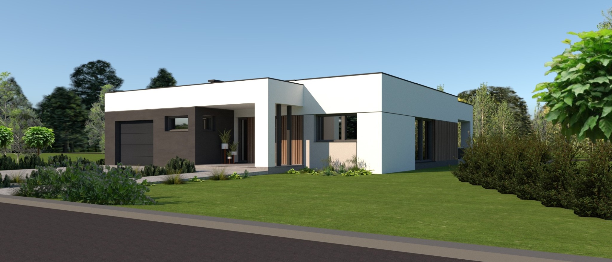 Wizualizacja nowoczesnego, parterowego domu z płaskim dachem, szarą elewacją garażu i białymi ścianami, otoczonego zielonym trawnikiem i drzewami.