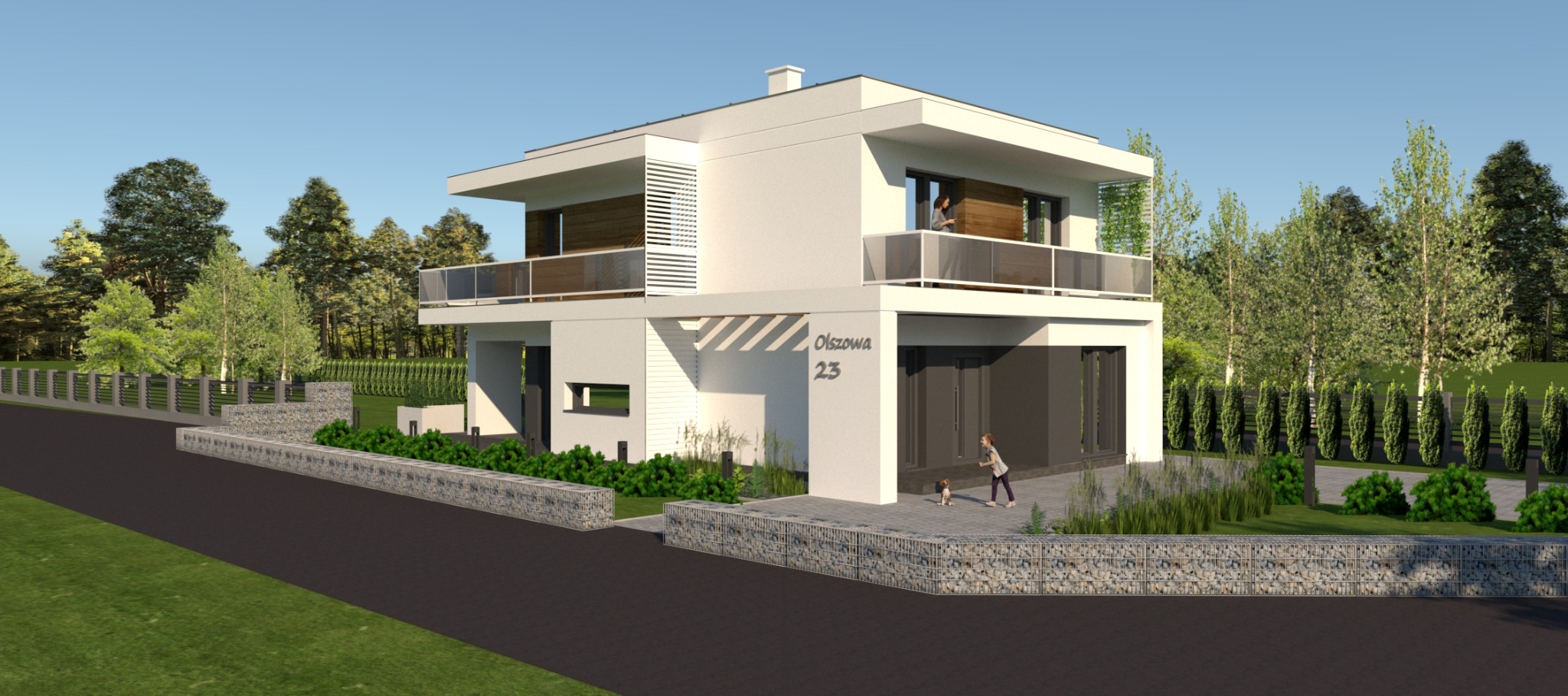 Wizualizacja dwukondygnacyjnego domu jednorodzinnego w stylu nowoczesnym z płaskim dachem, dużymi oknami i balkonami, otoczonego zielenią, z dzieckiem i psem bawiącymi się na podjeździe przed...