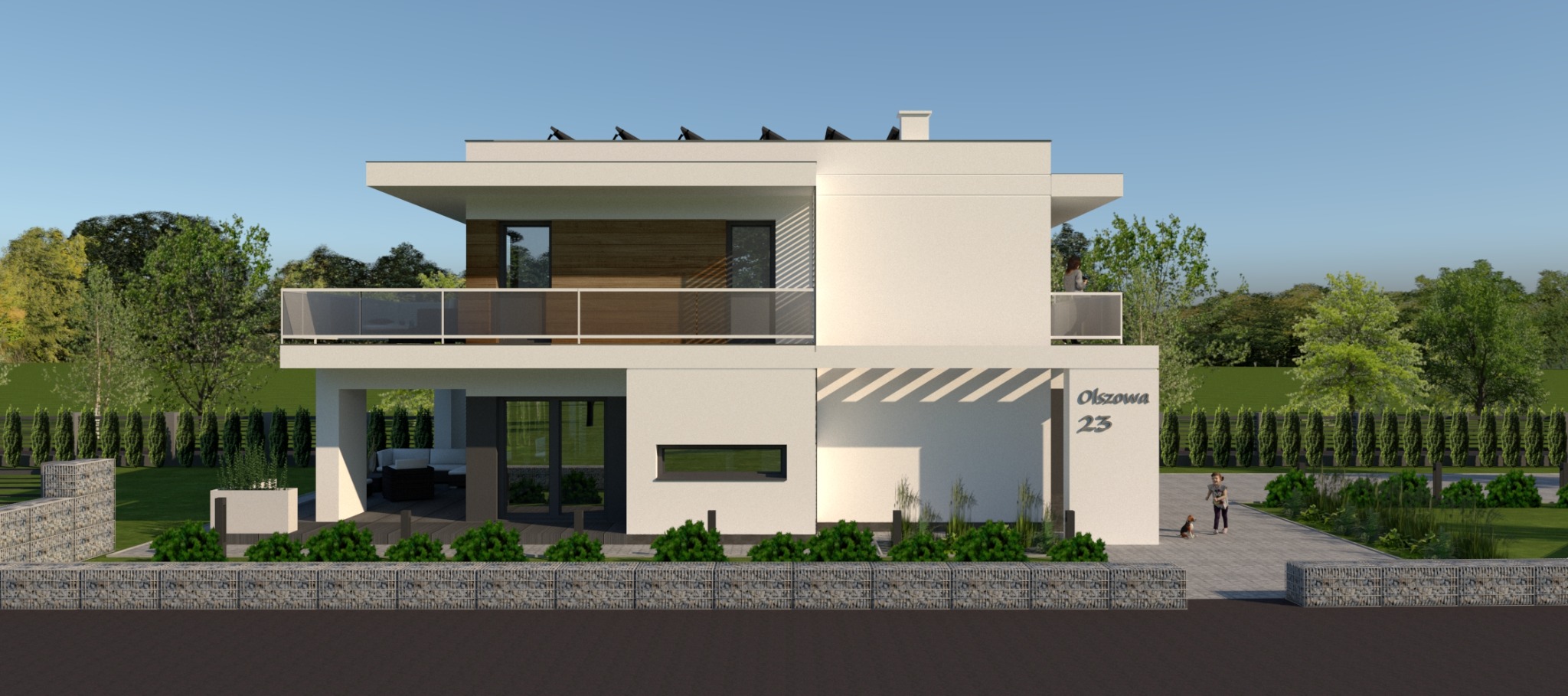 Wizualizacja dwukondygnacyjnego domu z płaskim dachem, balkonem z szklaną balustradą, drewnianą elewacją na piętrze i adresem 'Olszowa 23', otoczonego niskim żywopłotem i gabionami, z osobą i psem...