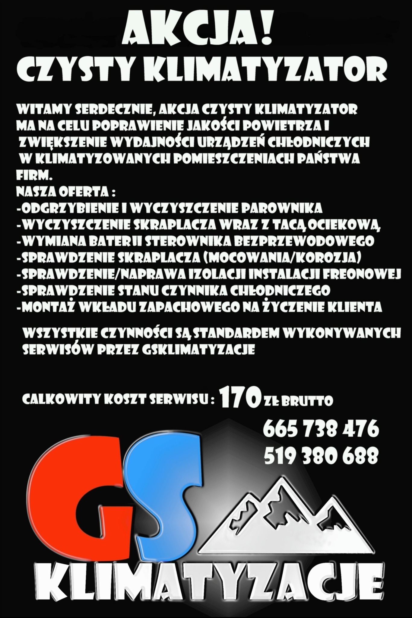 Plakat reklamowy z ofertą serwisu klimatyzacji, obejmującą czyszczenie, odgrzybianie, wymianę baterii sterownika i inne usługi, z podanym kosztem i numerami kontaktowymi.