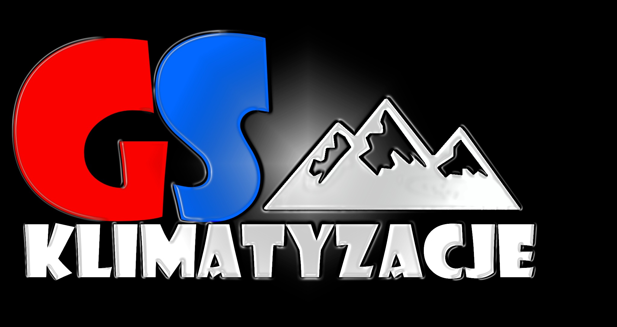 Logo firmy GS Klimatyzacje z czerwono-niebieskimi literami i sylwetką gór na czarnym tle.