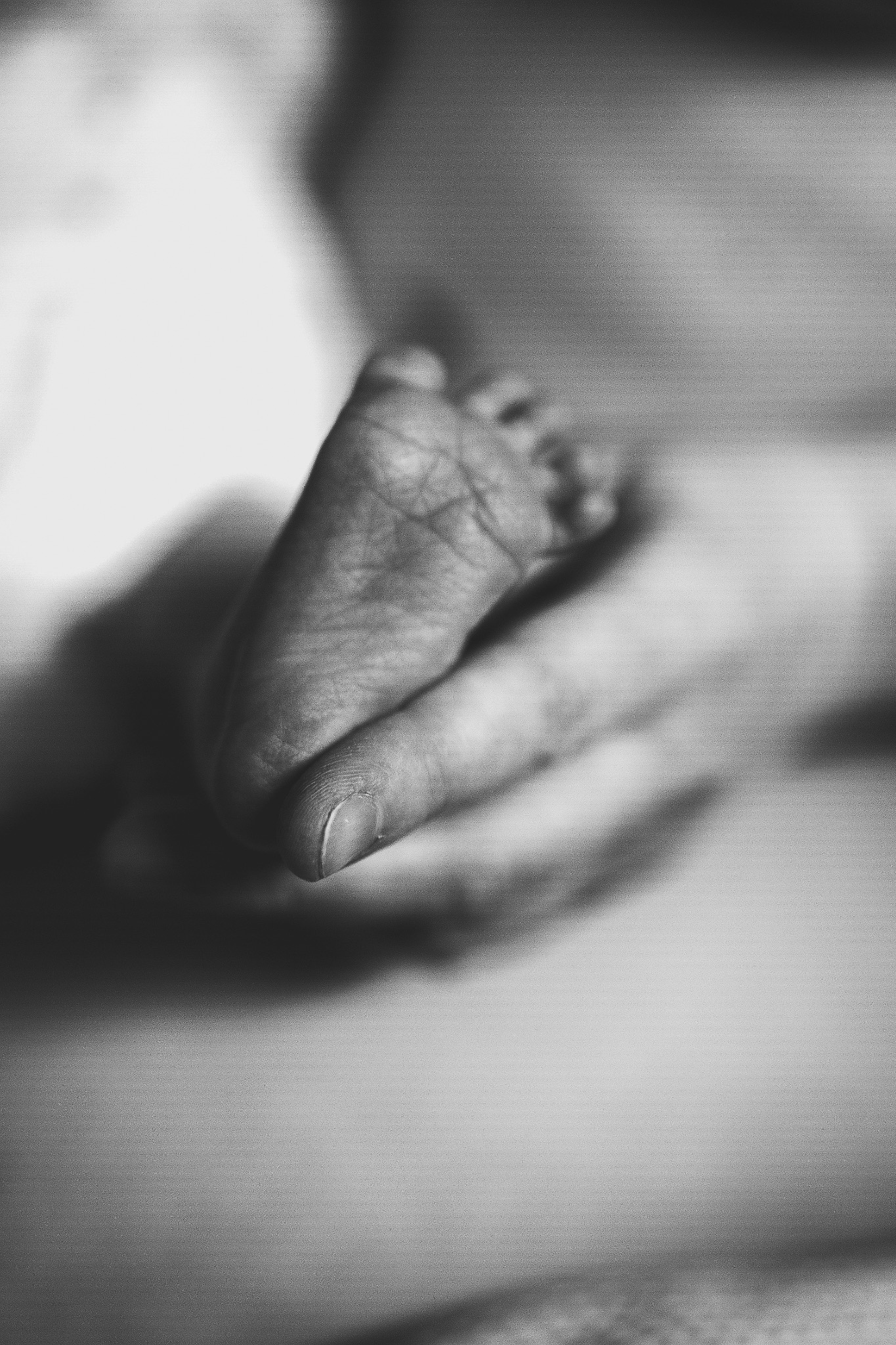 Delikatne, czarno-białe ujęcie maleńkiej stopy noworodka, trzymanej w dłoni osoby dorosłej, ukazujące szczegóły skóry i palców dziecka.