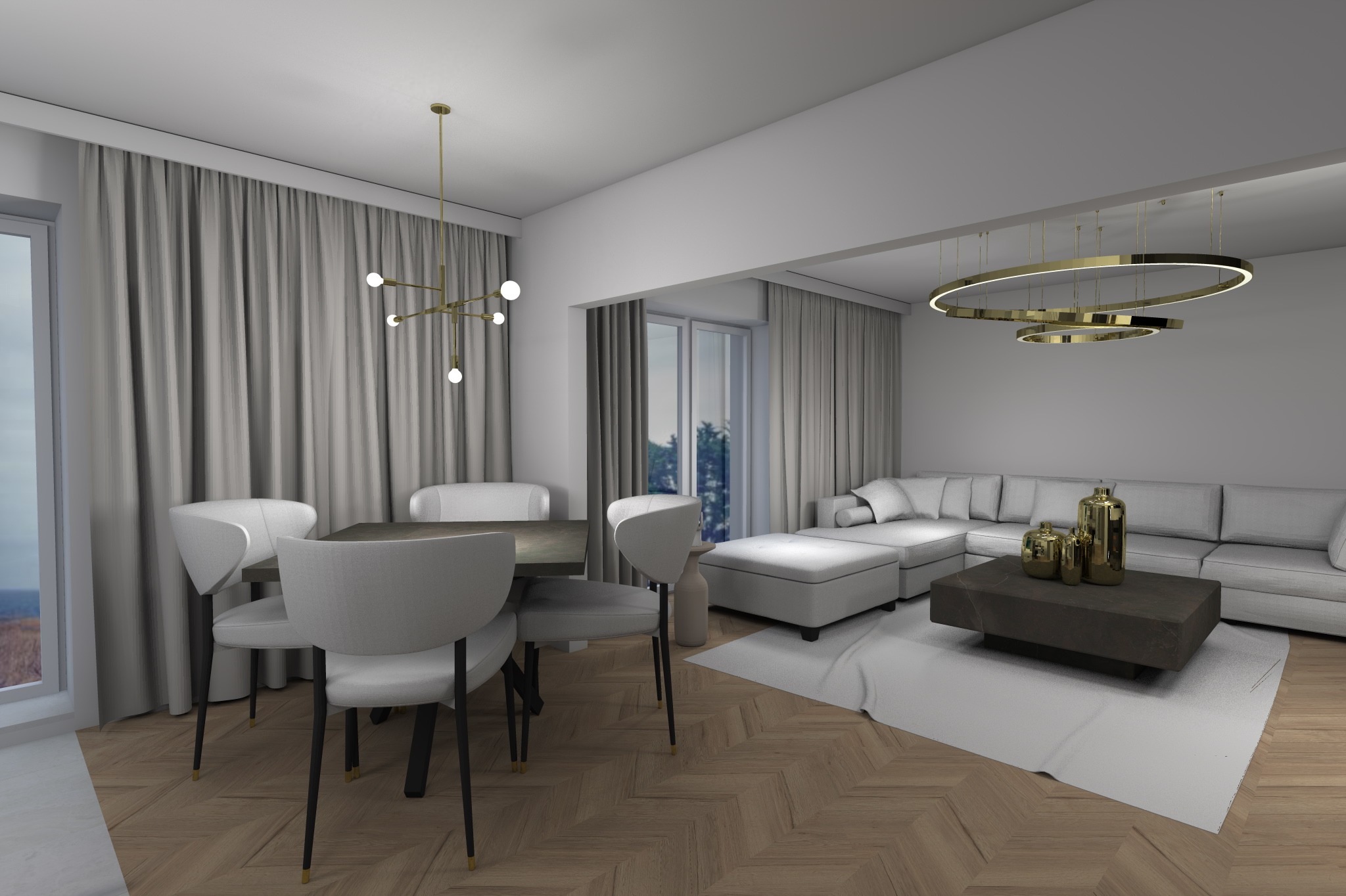 Wizualizacja salonu z jadalnią: szary narożnik, drewniany parkiet w jodełkę, stół z krzesłami, złote lampy wiszące.