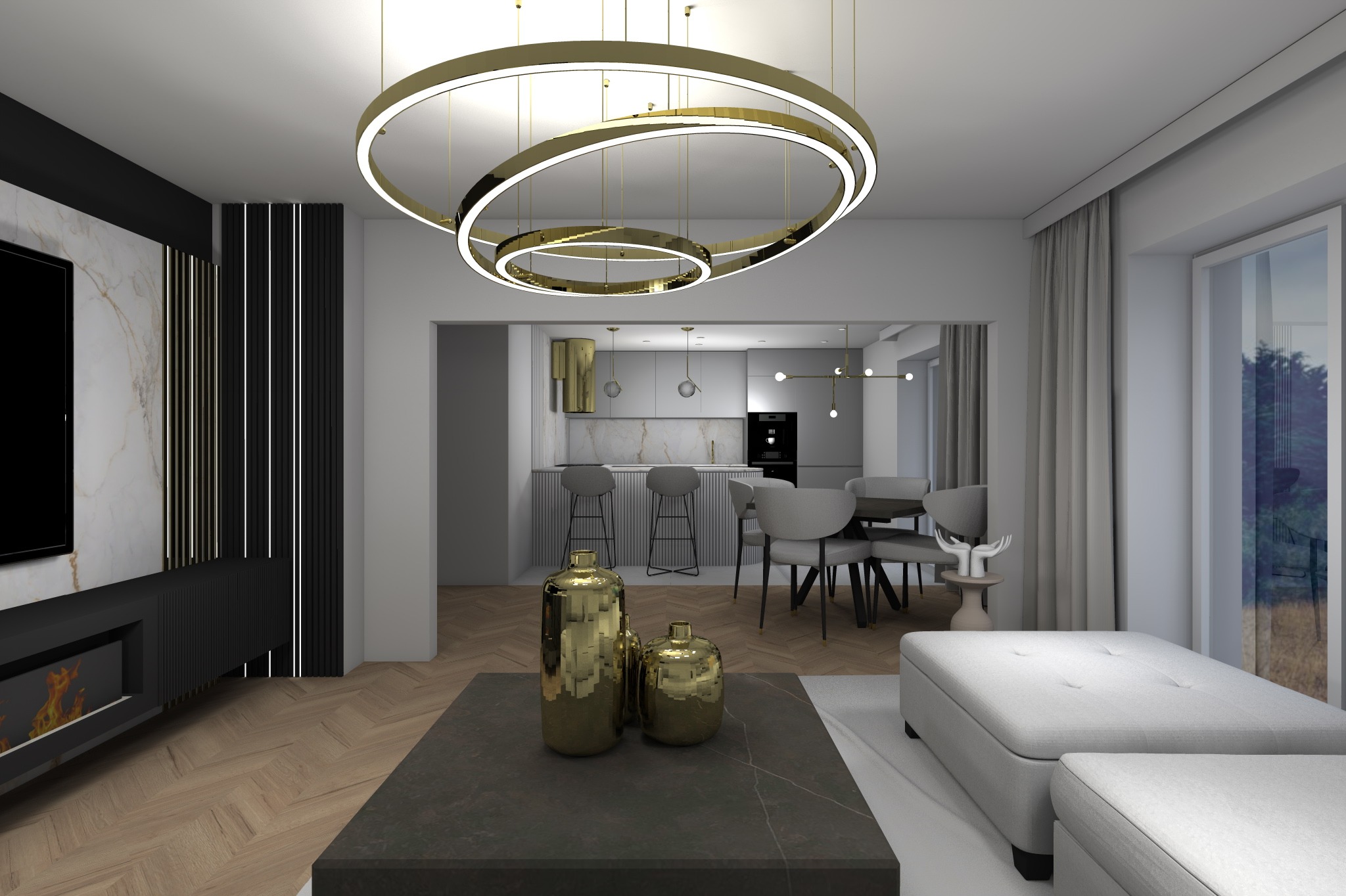 Wizualizacja salonu z otwartą kuchnią, złote lampy pierścieniowe, marmurowa ściana z telewizorem i kominkiem elektrycznym, parkiet w jodełkę.