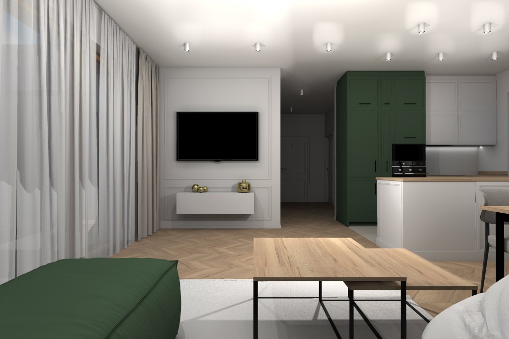 Wizualizacja przestronnego salonu z aneksem kuchennym, zielona szafa zabudowana, parkiet w jodełkę, minimalistyczny stolik kawowy z czarnymi nogami, duży telewizor na ścianie.