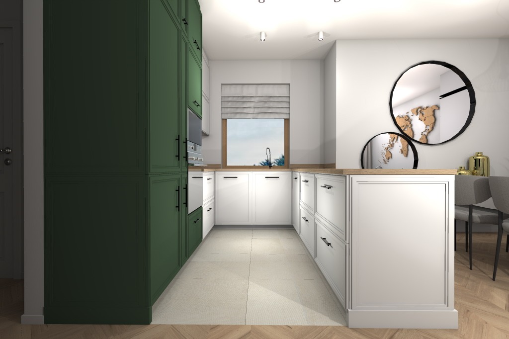 Wizualizacja nowoczesnej kuchni z białymi szafkami z frezowanymi frontami, drewnianym blatem i wysoką, zieloną zabudową po lewej stronie, uzupełniona okrągłymi lustrami z motywem mapy świata.