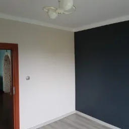 Pomieszczenie po remoncie: ściany pomalowane na biało i granatowo, drewniane drzwi z szybkami, szare panele podłogowe, sufit z lampą w stylu retro.