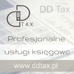 Logo firmy DD Tax z symbolem segregatora na tle kalkulatora i napisem Profesjonalne usługi księgowe oraz adresem strony internetowej.