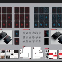 Surton Design - Projekt kart do gry z motywem Star Wars, prezentacja na szarym tle, obejmująca rozłożone karty z czerwonymi i niebieskimi symbolami oraz pudełko i elementy identyfikacji wizualnej, takie jak...