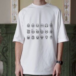 Surton Design - Mężczyzna w białym T-shircie z czarnymi grafikami hełmów postaci z Gwiezdnych Wojen, stojący na tle kominka z dekoracjami.