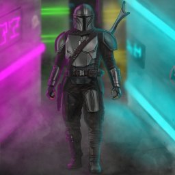 Surton Design - Ilustracja cyfrowa przedstawiająca postać w zbroi w futurystycznym, neonowym otoczeniu miejskim, z elementami science fiction i lekką mgłą u dołu.