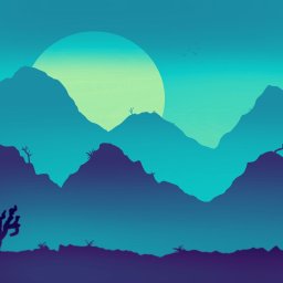 Surton Design - Minimalistyczna ilustracja górskiego krajobrazu o zachodzie słońca w odcieniach błękitu i fioletu, z sylwetkami drzew i ptaków.