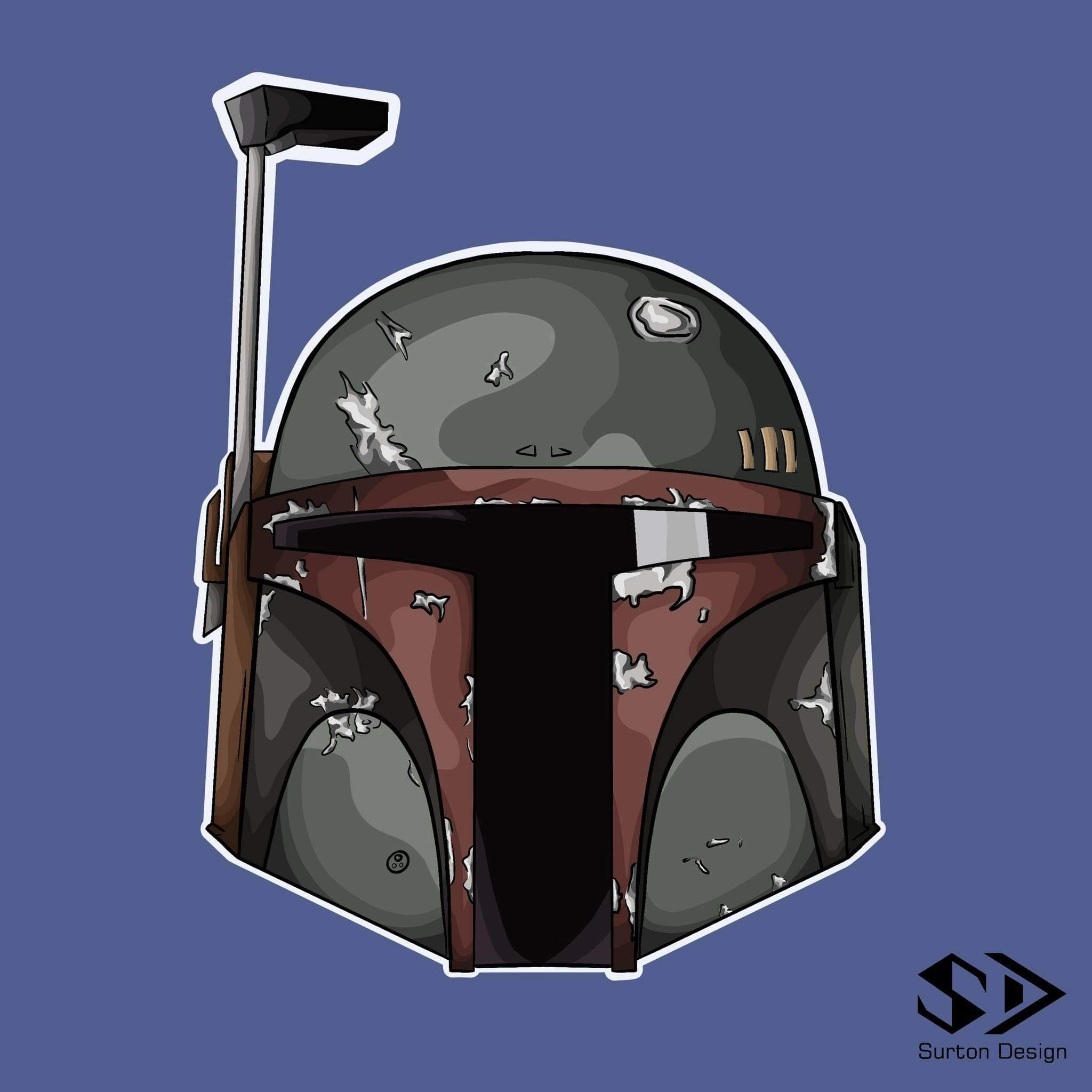 Ilustracja cyfrowa hełmu inspirowanego Bobą Fettem z widocznym logo 'Surton Design' w prawym dolnym rogu, na jednolitym niebieskim tle.