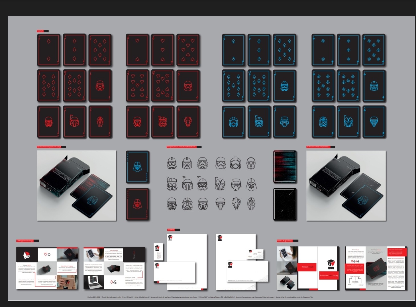 Projekt kart do gry z motywem Star Wars, prezentacja na szarym tle, obejmująca rozłożone karty z czerwonymi i niebieskimi symbolami oraz pudełko i elementy identyfikacji wizualnej, takie jak...
