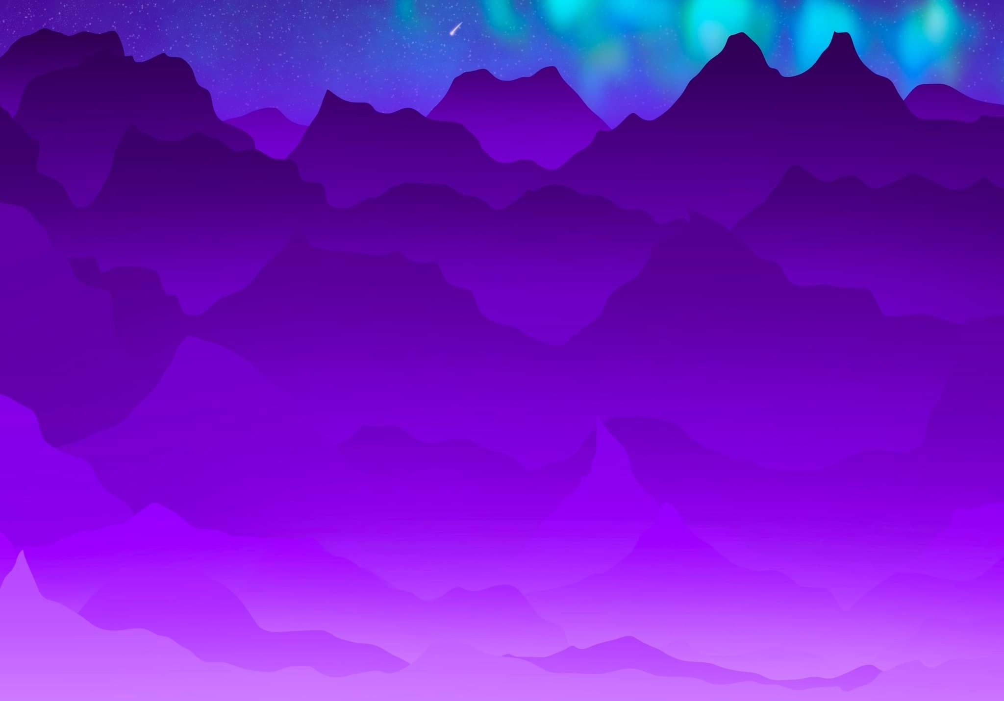 Abstrakcyjna grafika przedstawiająca fioletowe góry pod rozgwieżdżonym niebem z zorzą polarną i spadającą gwiazdą.
