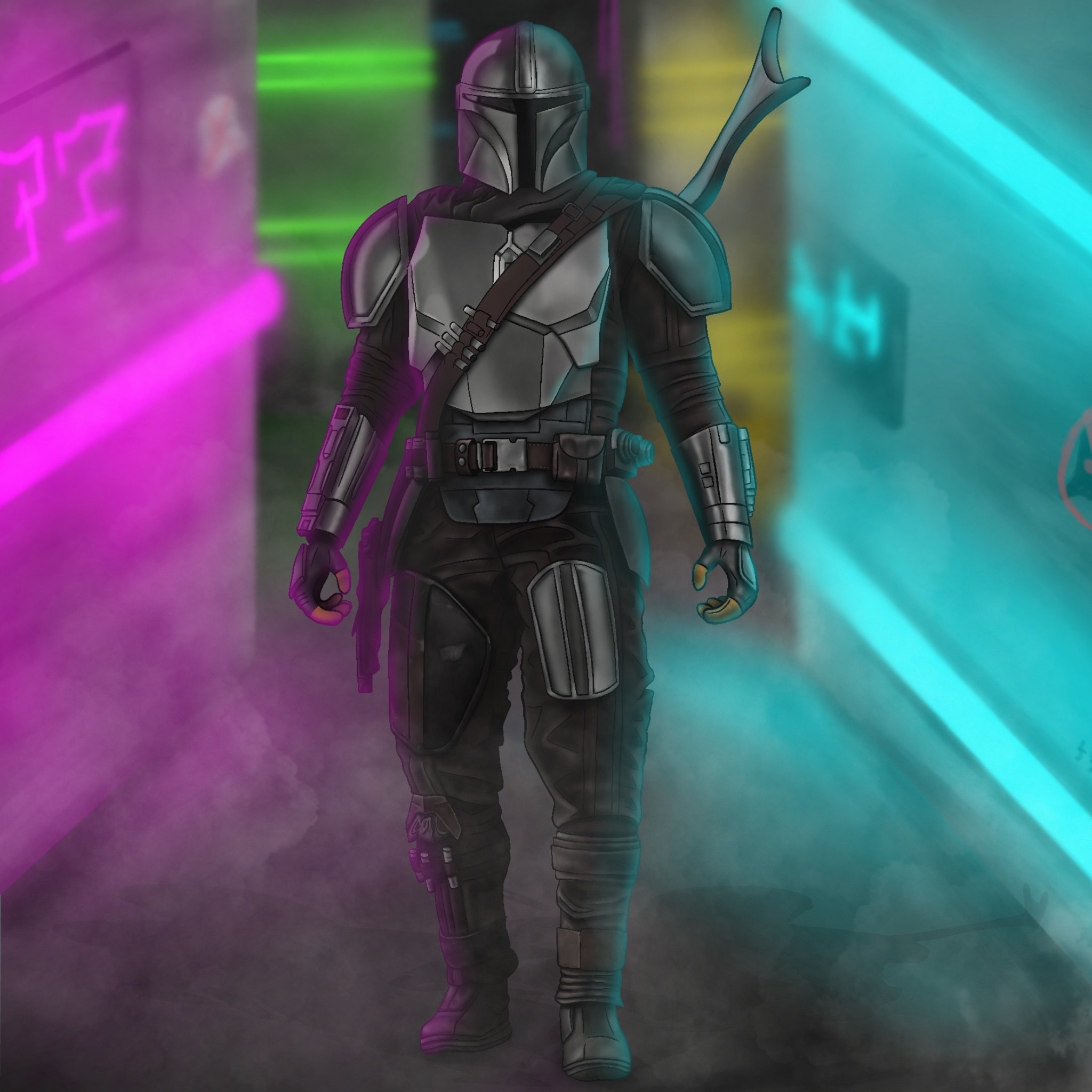 Ilustracja cyfrowa przedstawiająca postać w zbroi w futurystycznym, neonowym otoczeniu miejskim, z elementami science fiction i lekką mgłą u dołu.