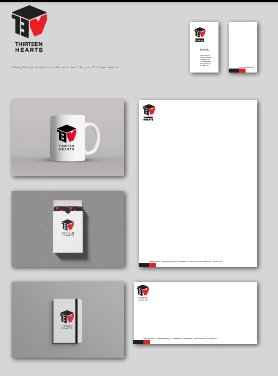 Prezentacja identyfikacji wizualnej marki Thirteen Hearts: kubek, wizytówki, papeteria, notatnik i opakowanie kart z logo w kolorach czerni i czerwieni na szarym tle.