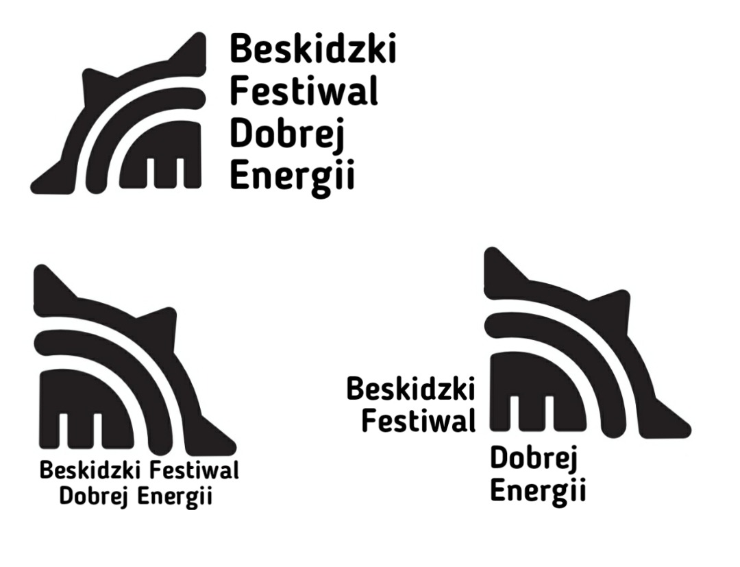 Trzy wersje czarno-białego logo Beskidzkiego Festiwalu Dobrej Energii, z sylwetką góry z trzema łukami i stylizowanym znakiem energii.