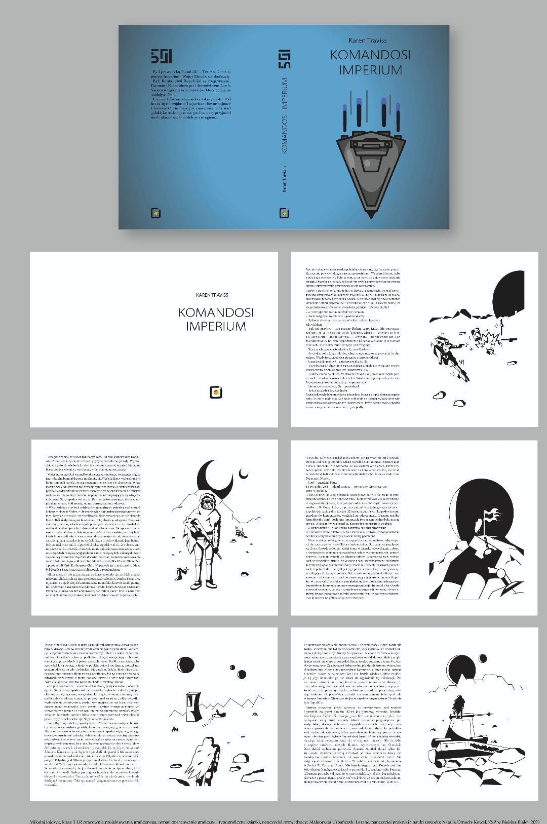 Okładka książki 'Komandosi Imperium' Karen Traviss, z ilustracją statku kosmicznego i tekstem w kolorze niebieskim i czarnym, wraz z trzema stronami wewnętrznymi zawierającymi tekst i czarno-białe...