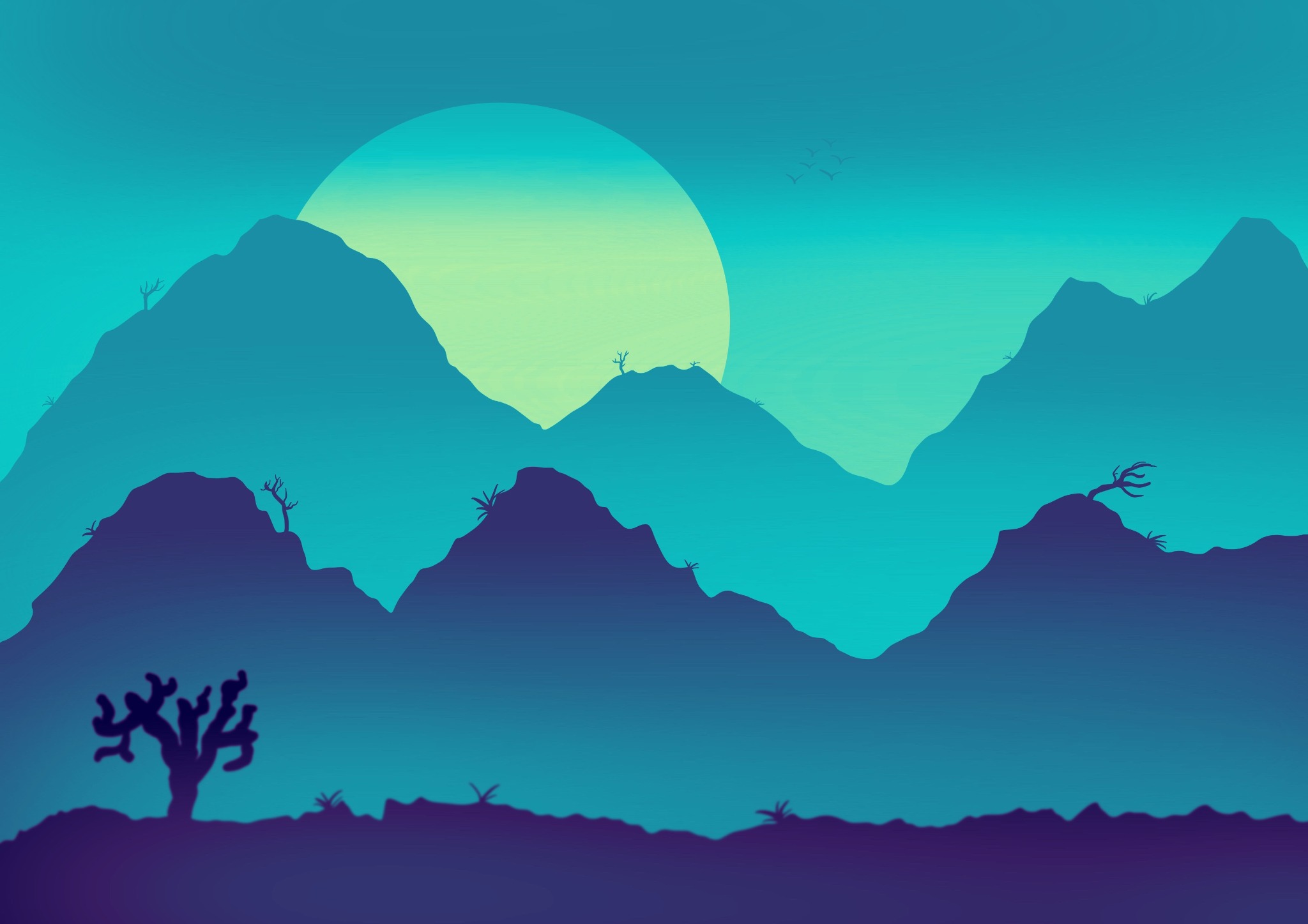 Minimalistyczna ilustracja górskiego krajobrazu o zachodzie słońca w odcieniach błękitu i fioletu, z sylwetkami drzew i ptaków.