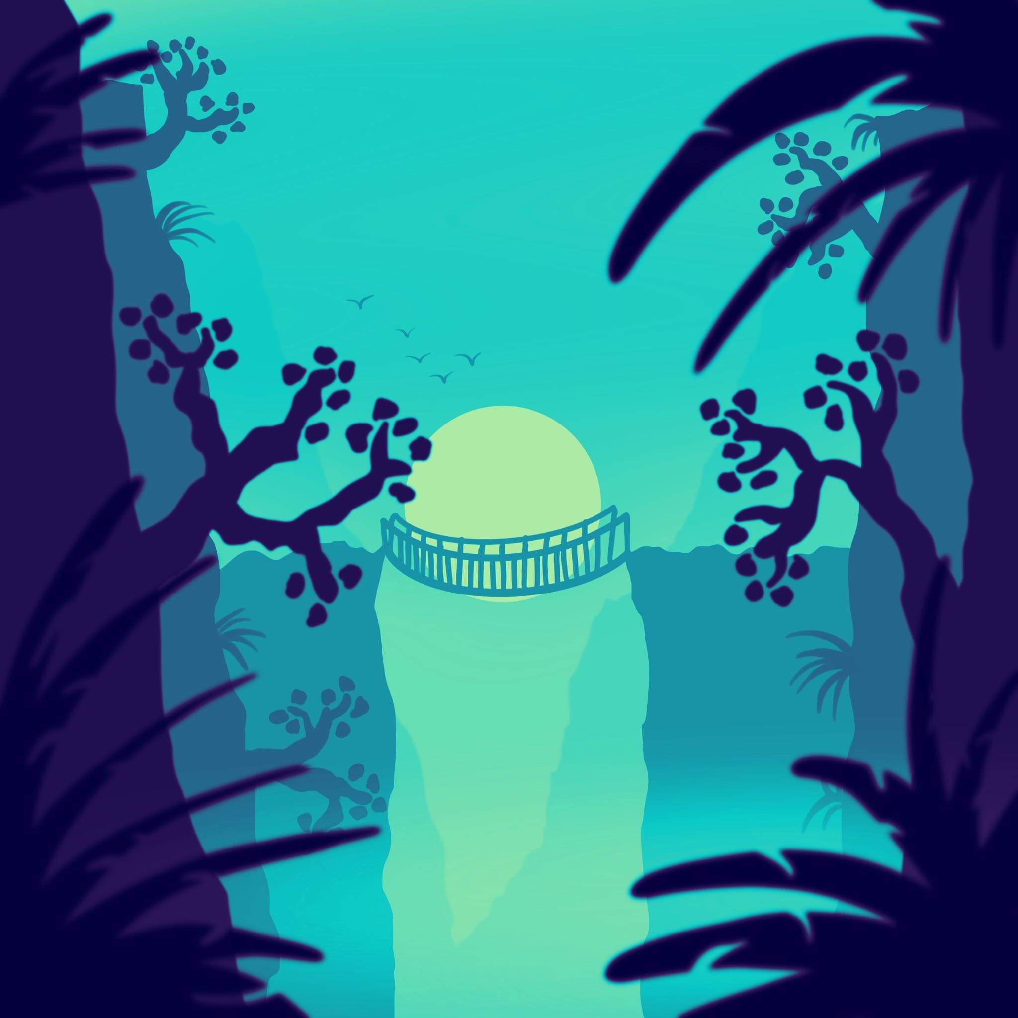 Stylizowany, błękitny krajobraz z mostem linowym łączącym dwa klify, widoczne sylwetki drzew i ptaków na tle zachodzącego słońca.