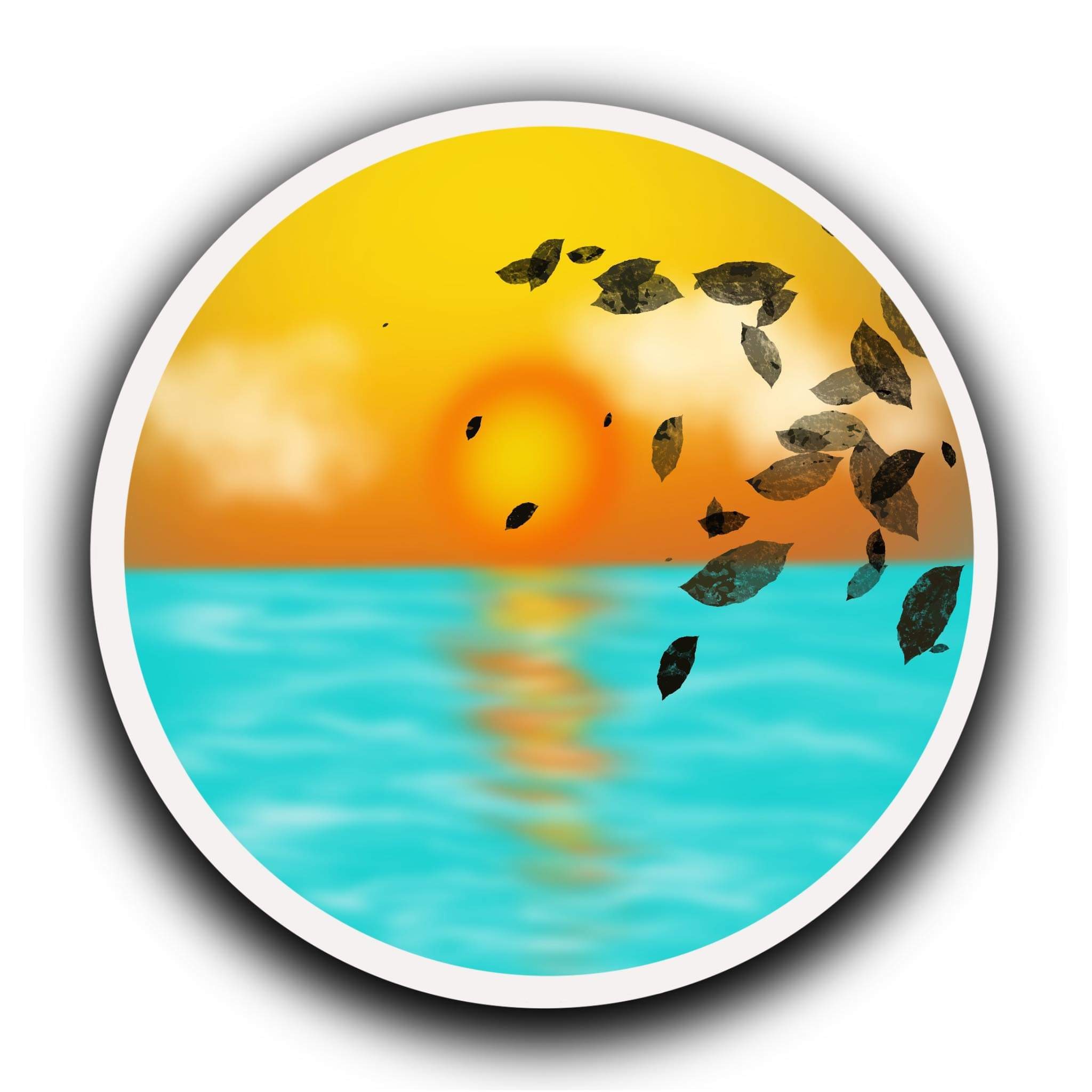 Abstrakcyjna ilustracja okrągła przedstawiająca zachód słońca nad morzem z unoszącymi się liśćmi w kolorach żółtym, pomarańczowym, niebieskim i czarnym.