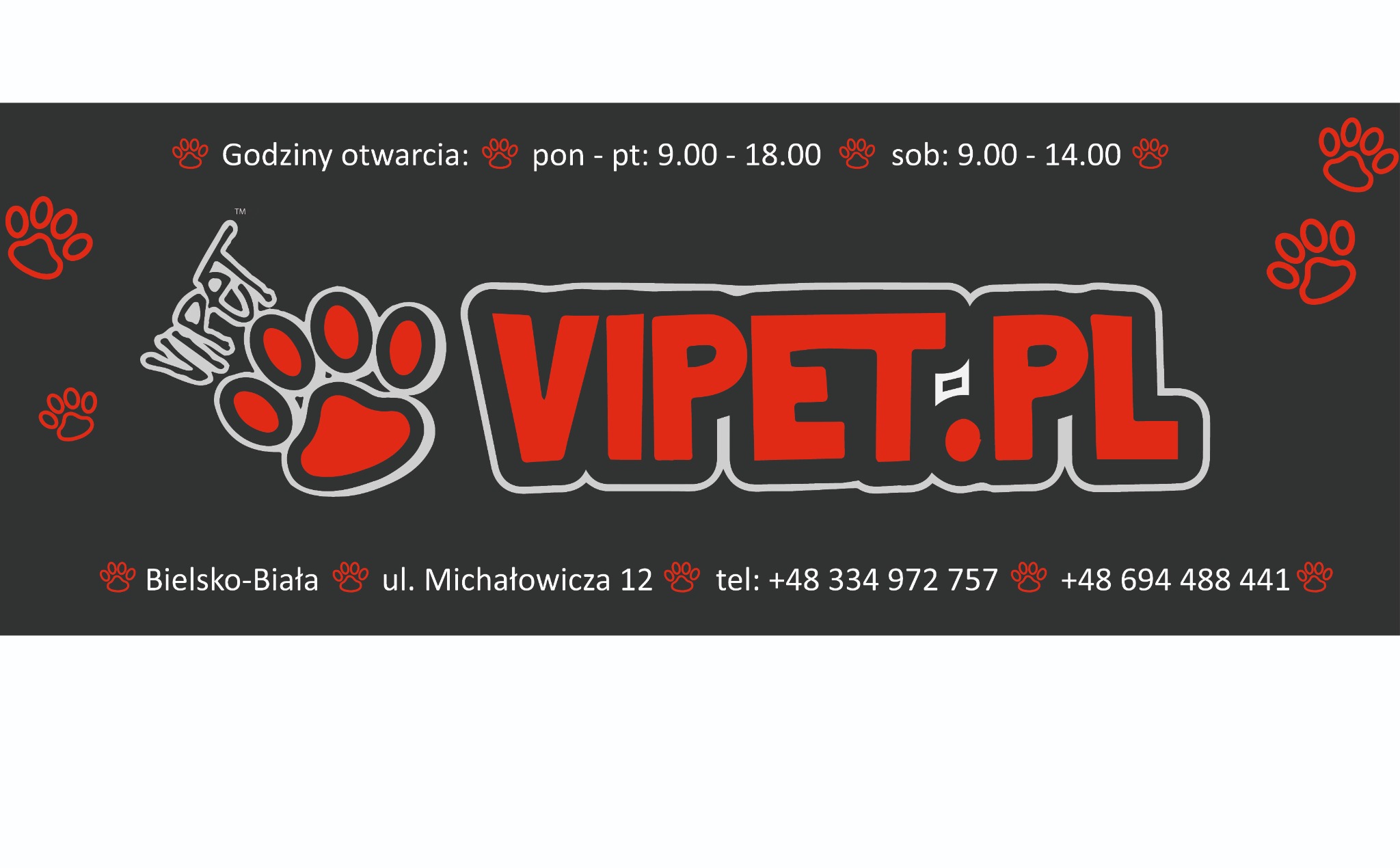 Graficzne logo firmy VIPET.PL z czerwonymi elementami w kształcie psich łap, umieszczone na szarym tle z informacjami o godzinach otwarcia i danych kontaktowych w Bielsku-Białej.