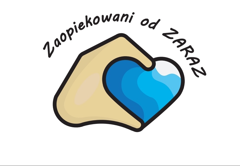 Stylizowana dłoń trzymająca błękitne serce z napisem 'Zaopiekowani od ZARAZ' w czcionce przypominającej pismo odręczne, na białym tle.