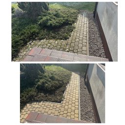FHU Błażej Trznadel - Porównanie kostki brukowej przed i po czyszczeniu, widoczne usunięcie mchu i zabrudzeń, z góry w kierunku schodów.
