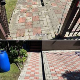 FHU Błażej Trznadel - Porównanie kostki brukowej przed i po czyszczeniu. Górna część pokazuje kostkę z chwastami, dolna - wyczyszczoną, z widocznym wzorem czerwono-szarym.