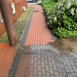 FHU Błażej Trznadel - Częściowo umyta kostka brukowa wzdłuż budynku i zieleni, widoczny wąż ciśnieniowy. Połowa kostki jest mokra i czysta, druga połowa sucha i brudna. Widoczny efekt czyszczenia.