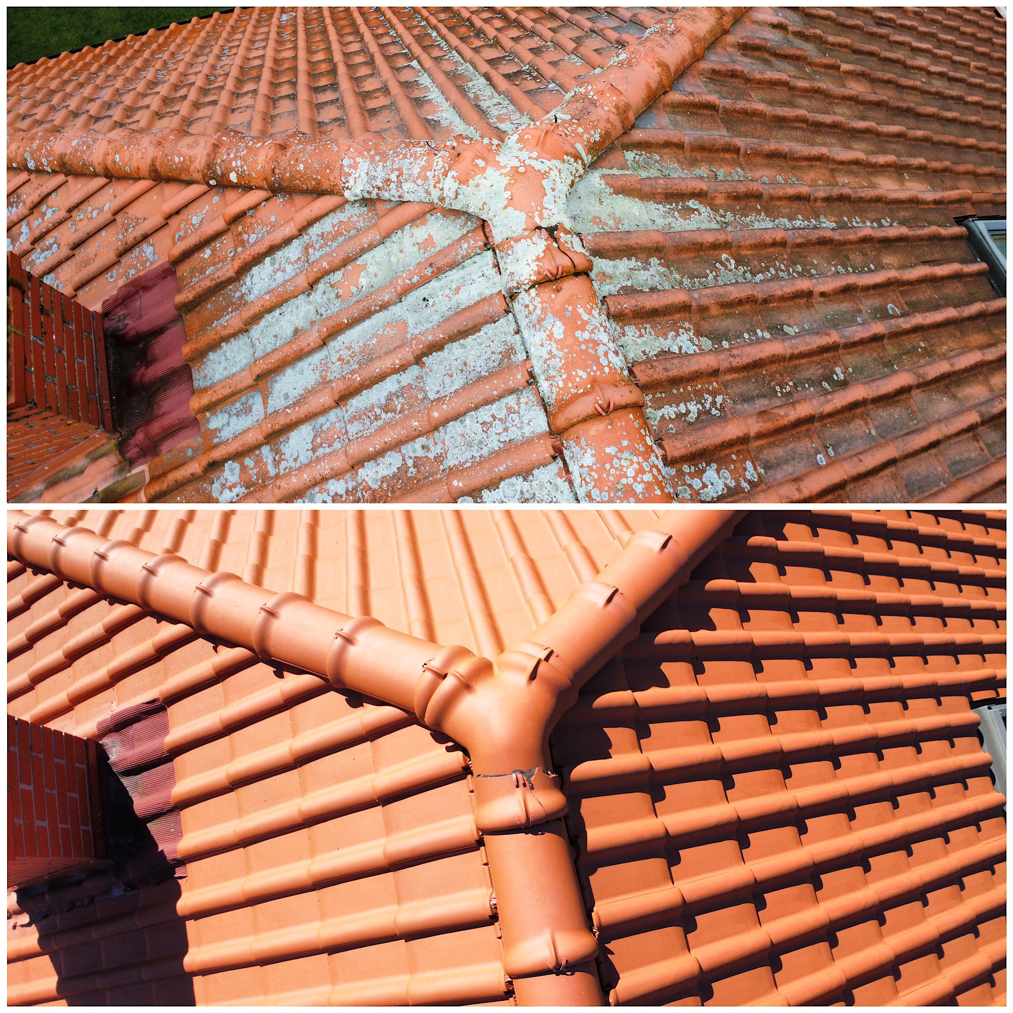 Zdjęcie przedstawia porównanie dachu przed i po czyszczeniu. Górna część ukazuje dach pokryty mchem i zabrudzeniami, natomiast dolna część prezentuje czysty, odświeżony dach z nowymi rynnami.