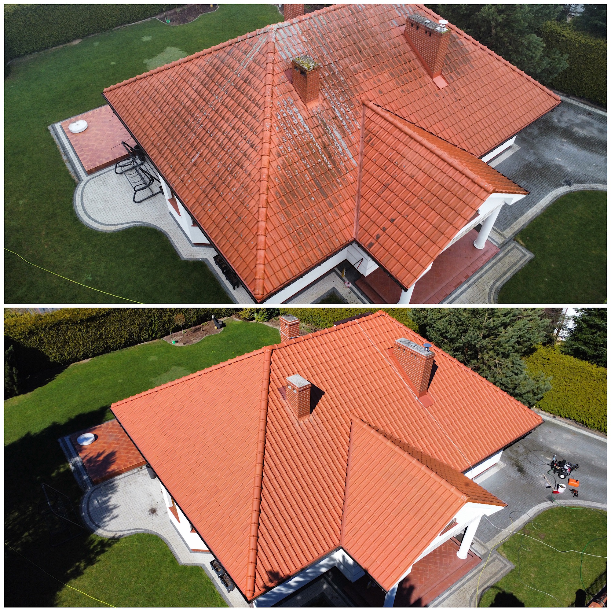 Porównanie dachu z czerwonej dachówki przed i po czyszczeniu, widok z góry ukazuje różnicę w kolorze i usunięciu zabrudzeń, otoczenie domu z zadbanym trawnikiem i kostką brukową.