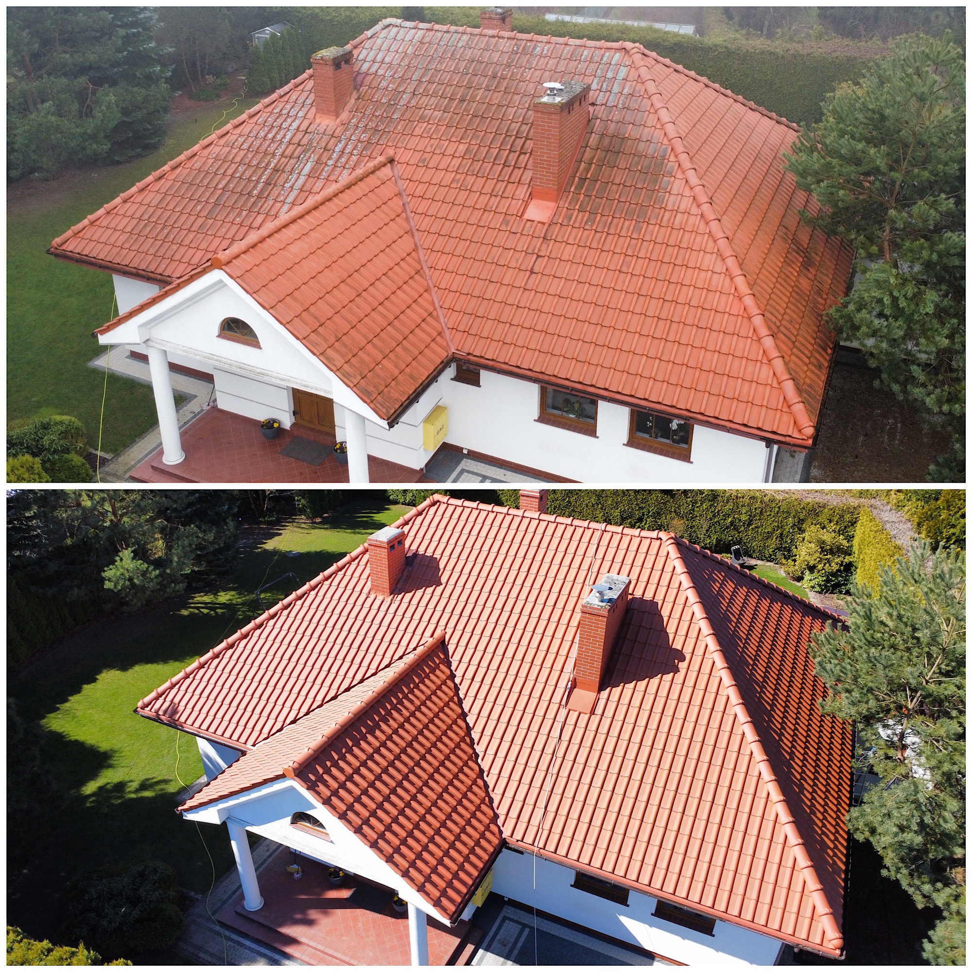 Porównanie dachu z czerwonej dachówki przed i po czyszczeniu, widok z góry na dwuspadowy dach domu z dwoma kominami.