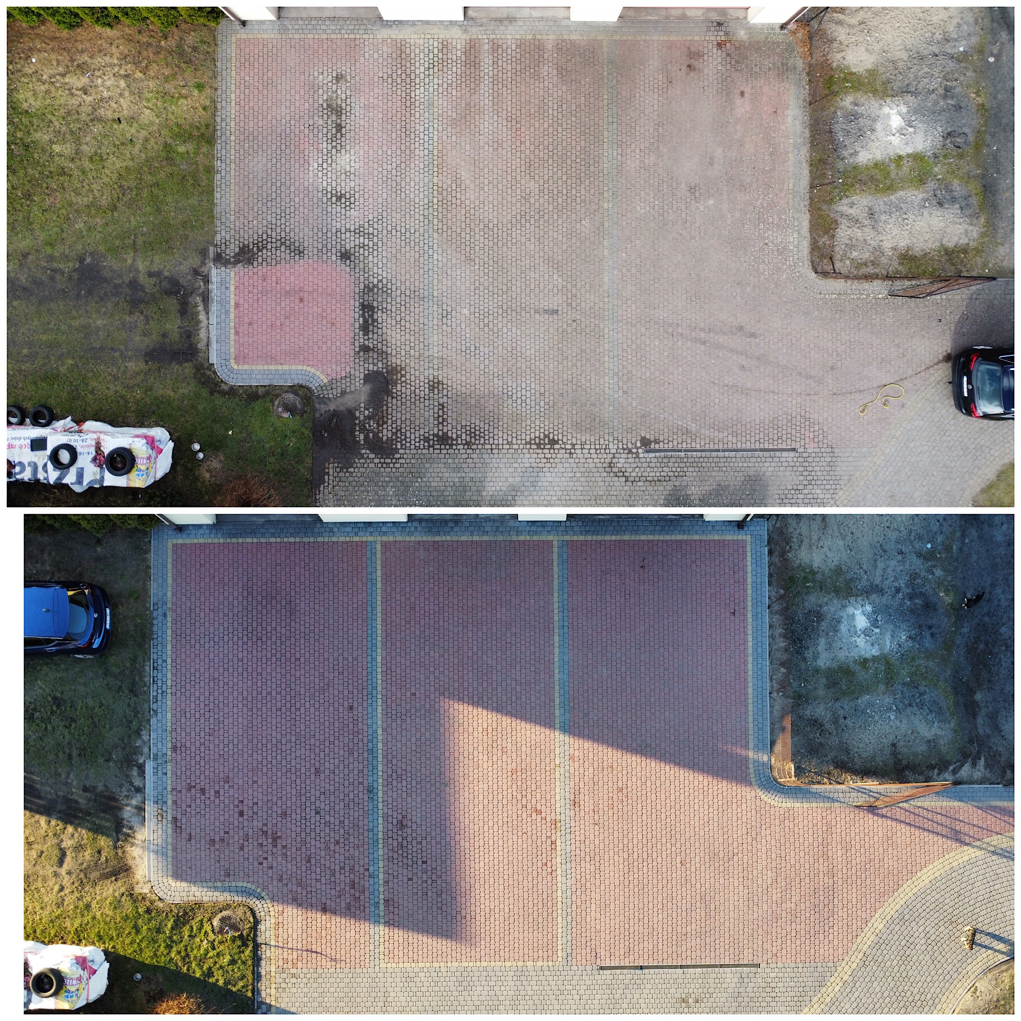 Porównanie kostki brukowej przed i po czyszczeniu, widok z góry ukazuje różnicę w kolorze i usunięciu zabrudzeń, zarysowane opony i sprzęt do czyszczenia w tle.