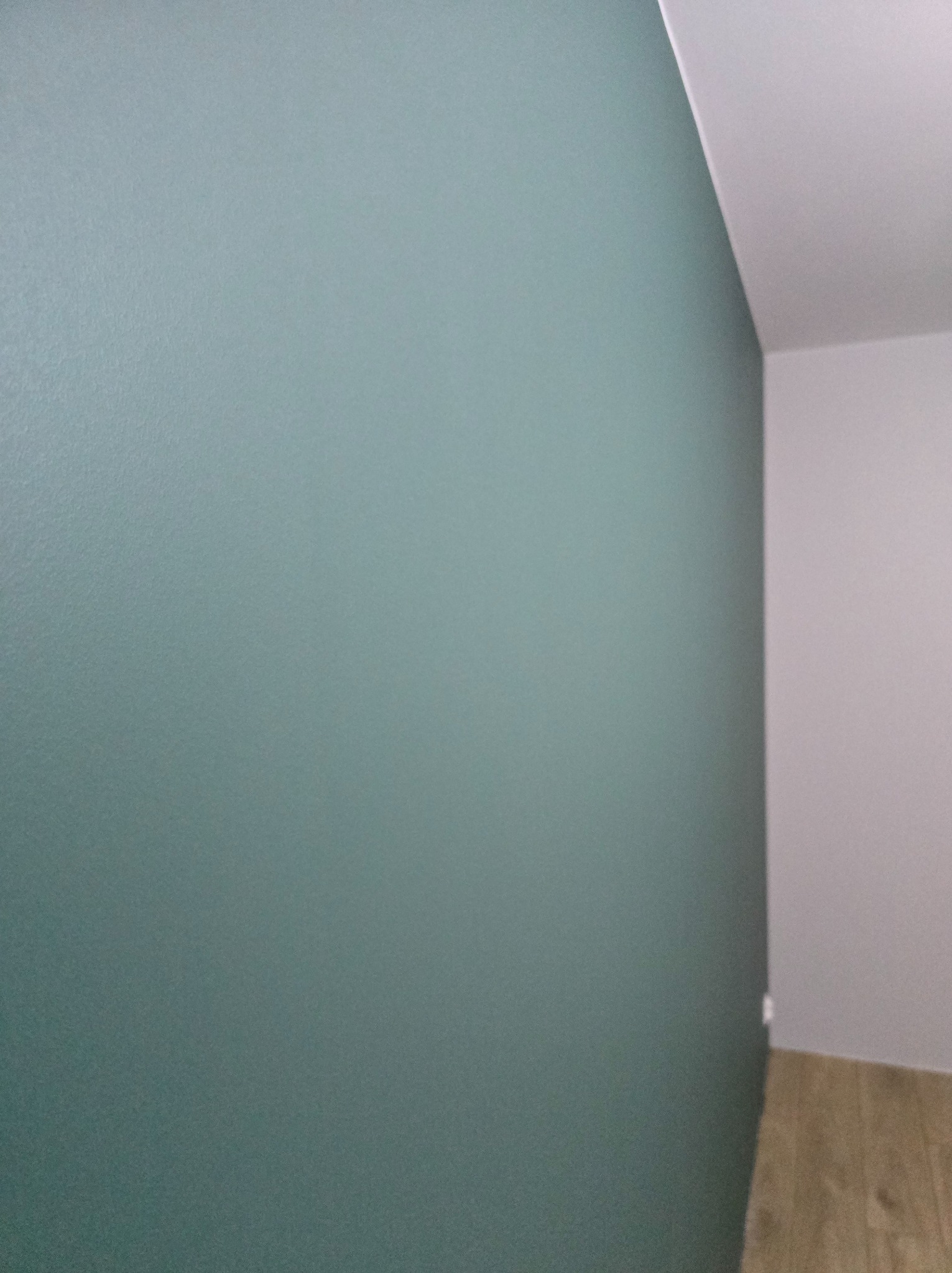 Świeżo pomalowana ściana w odcieniach morskiej zieleni, kontrastująca z białą ścianą i sufitem w rogu pomieszczenia, widoczny fragment podłogi z paneli.