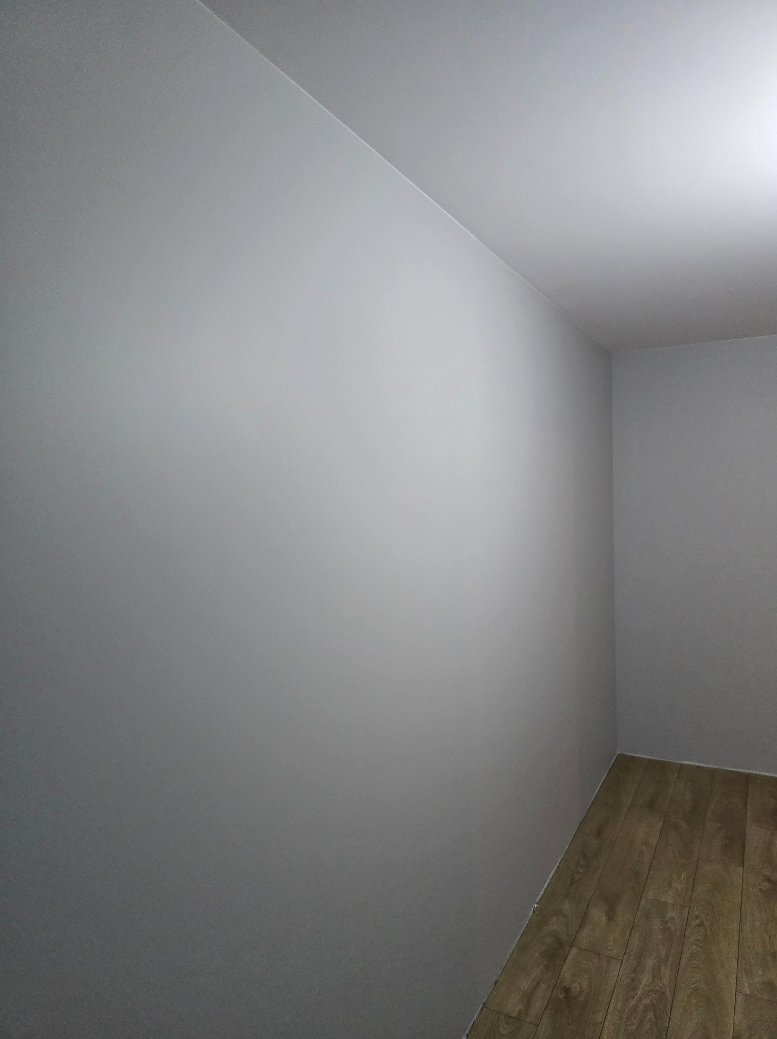 Pomieszczenie po odświeżeniu ścian farbą w odcieniach szarości, z widoczną podłogą z paneli imitujących drewno, sfotografowane z niskiej perspektywy.