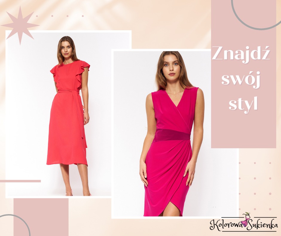 Dwie modelki prezentują sukienki: koralowa z falbankami i wiązaniem w talii oraz fuksjowa kopertowa z drapowaniem, na tle pastelowej grafiki z hasłem 'Znajdź swój styl' i logo 'Kolorowa Sukienka'.