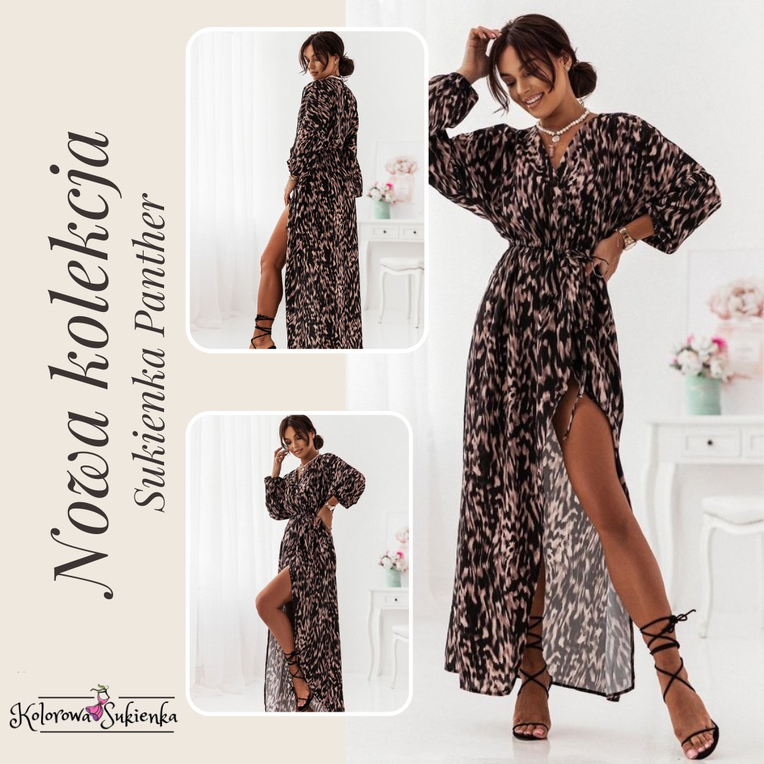 Kobieta prezentuje długą sukienkę w panterkę z rozcięciem, w tle minimalistyczne białe meble i kwiaty, ujęcie z trzema kadrami