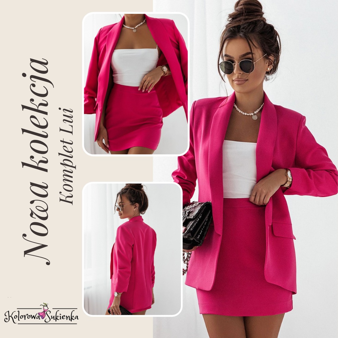 Modelka w komplecie: fuksjowa marynarka i spódnica mini, biały top, perłowy naszyjnik, okulary przeciwsłoneczne, torebka na łańcuszku, prezentacja nowej kolekcji.