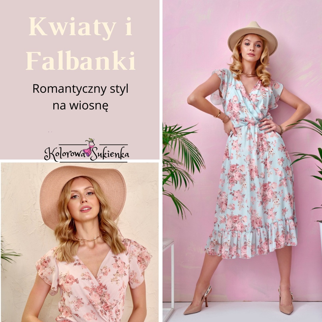 Modelka w zwiewnej sukience w kwiaty, z falbankami, w kapeluszu, na tle pastelowej ściany z roślinami doniczkowymi, prezentacja wiosennej kolekcji.