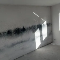 Pokój po tapetowaniu z motywem leśnym, widoczne promienie słońca padające na ścianę, surowy stan podłogi i widok za oknem na zieleń.