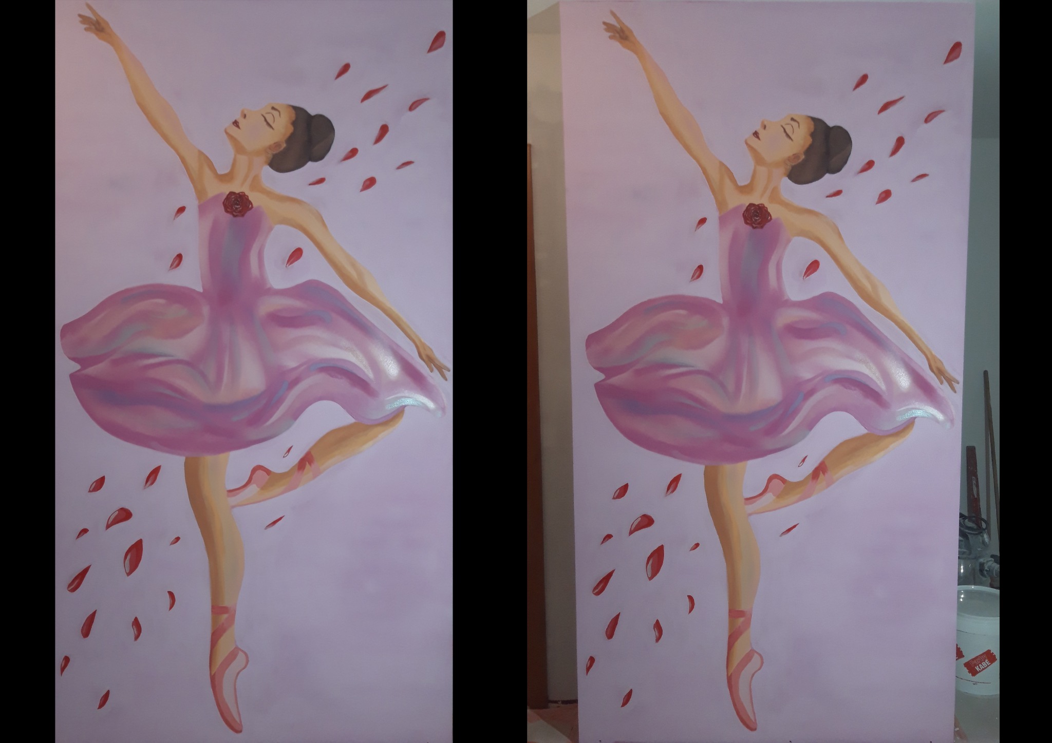 Dwa identyczne obrazy przedstawiające baletnicę w różowej sukience na jasnofioletowym tle z opadającymi płatkami róż, widoczne niedoskonałości malarskie na obu płótnach.