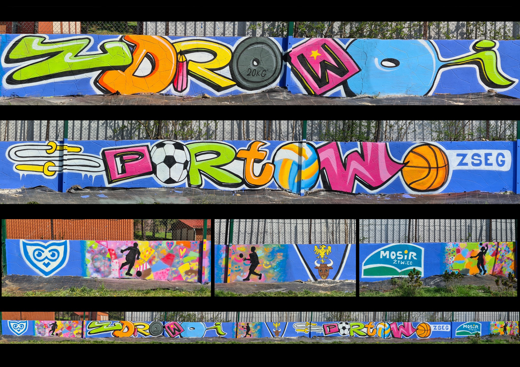 Kolorowe graffiti na murze boiska sportowego, z napisami 'Zdrowi' i 'Sportowo ZSEG' oraz rysunkami piłek, ciężaru i sylwetek sportowców, wykonane w żywych barwach.